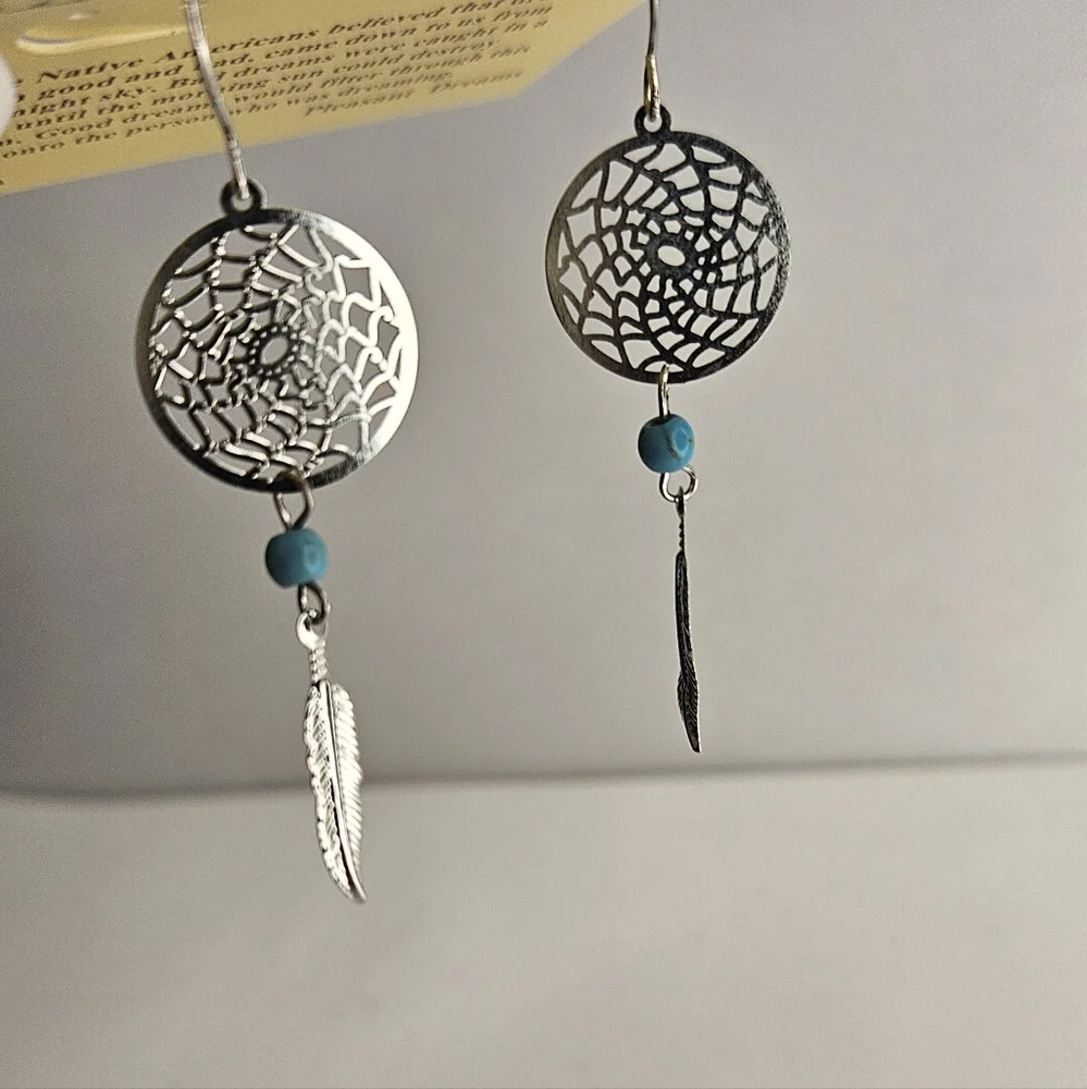 Dream Catcher Earrings Silver Round Blue Bead Feather - Picture 3 of 4